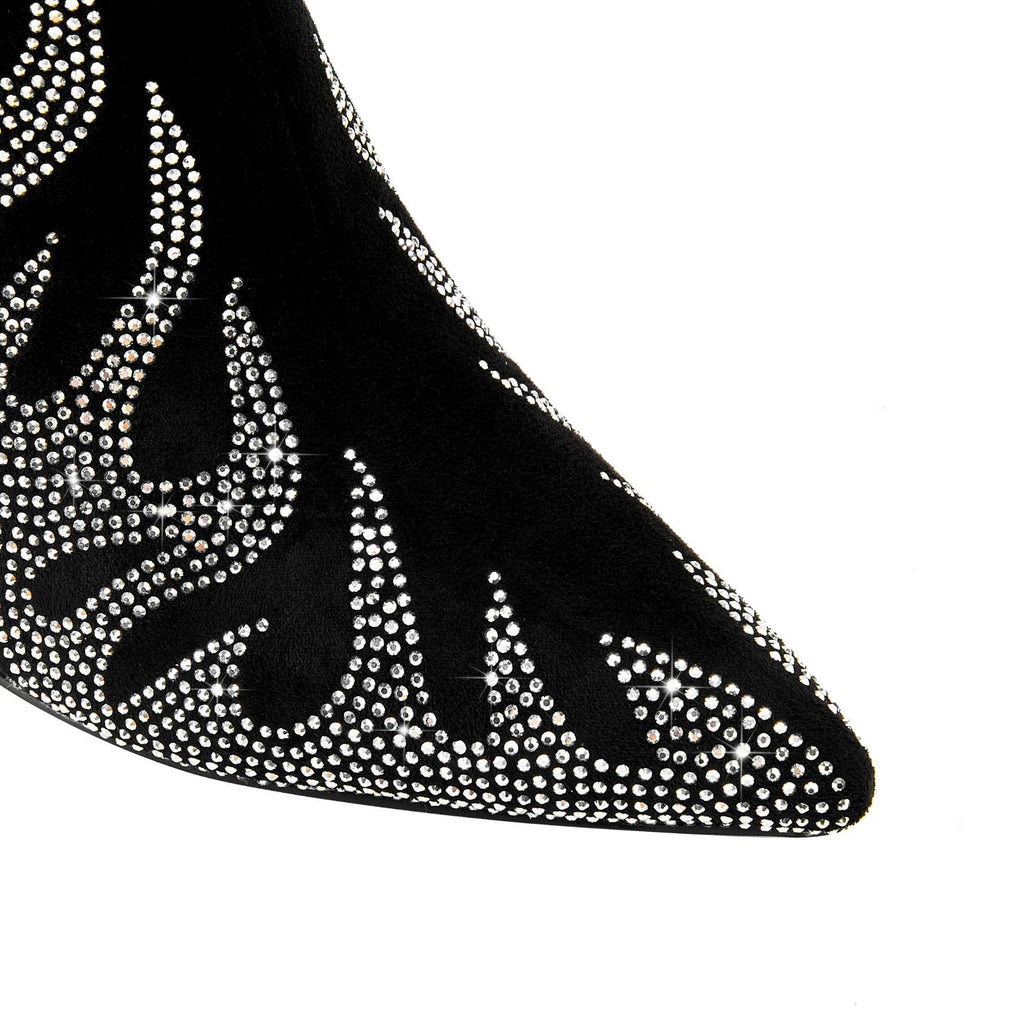 Rhinestone Flame Stretch Boots Tiger Tooth Heel