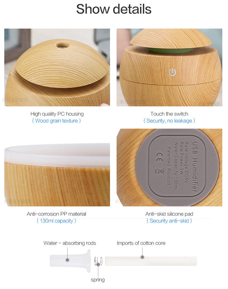 USB Ultrasonic Aroma Diffuser & Humidifier with 7-Color LED Light