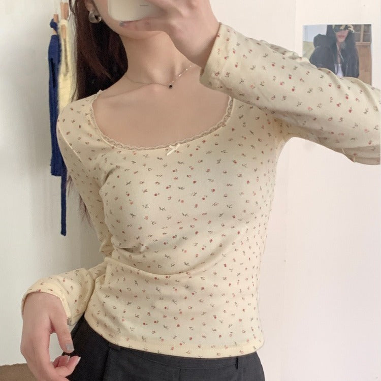 Lace Floral Shoulder Long Sleeve Slim-fit Crop Top