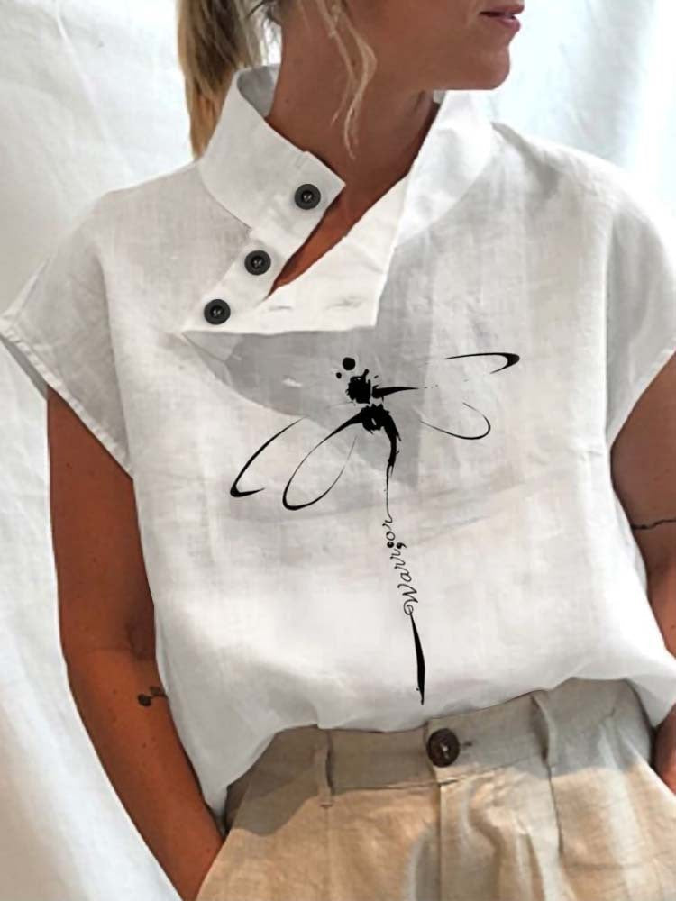 Casual Stand Collar Short Sleeve Digital Print Top