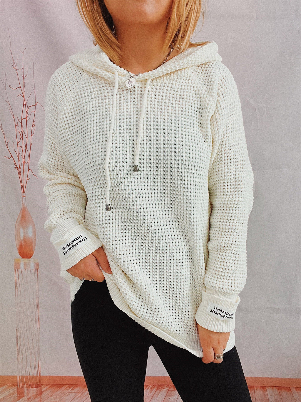 Women's Loose Hooded Knitted Patch Solid Color Sweater