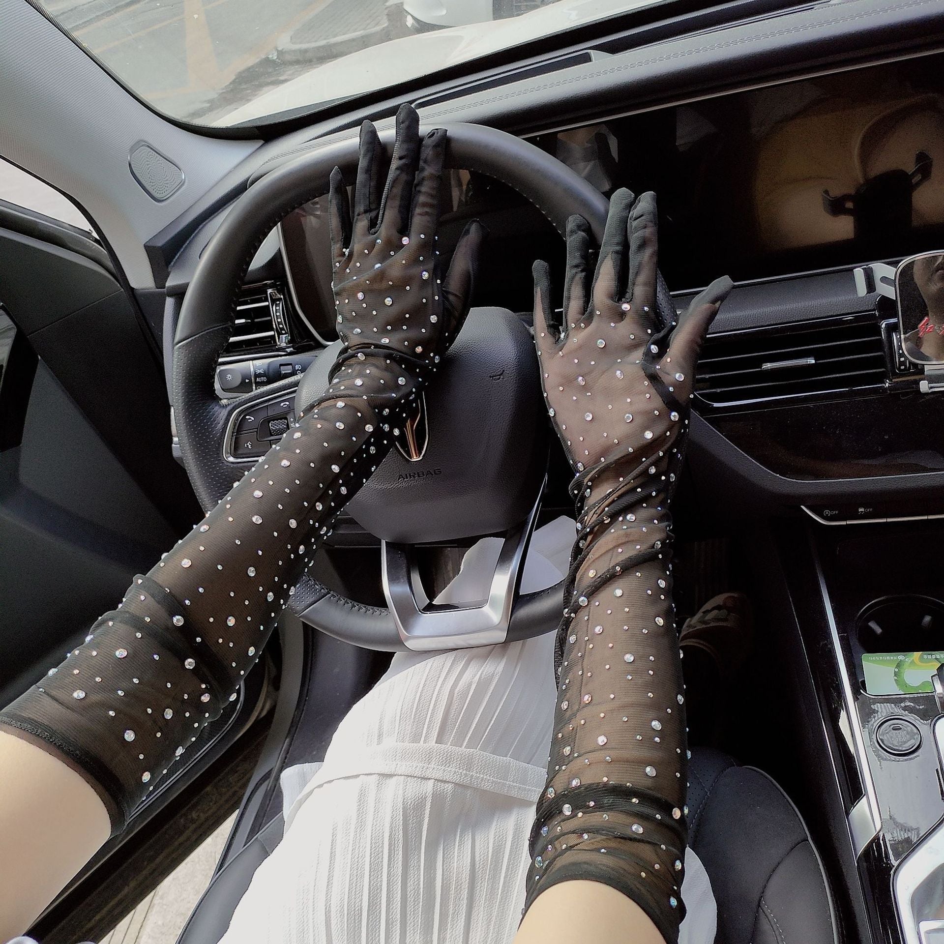 Cosplay Rhinestone Lace Mesh Gloves
