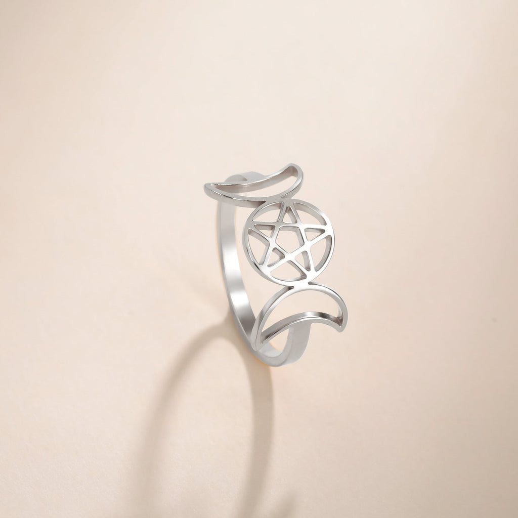 Temperament Wild Couple Ornament Double Moon Pentagram Stainless Steel Ring