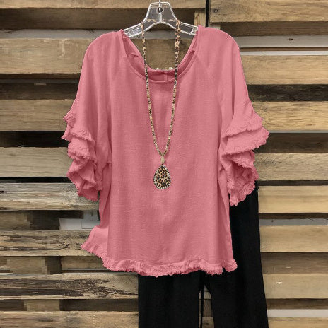 European And American Loose Plus Size Ruffle Sleeve T-shirt Top