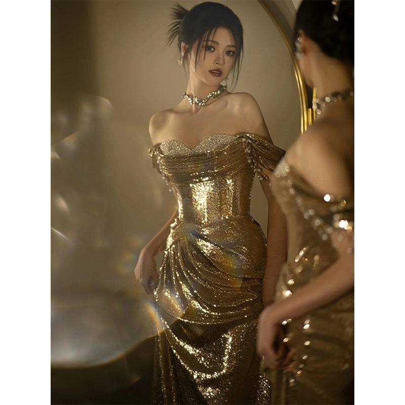 Gold Sequined Fishtail Dress