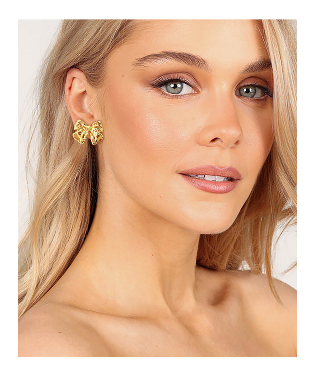 Euro-American Bow Earrings, 18K Copper Plating