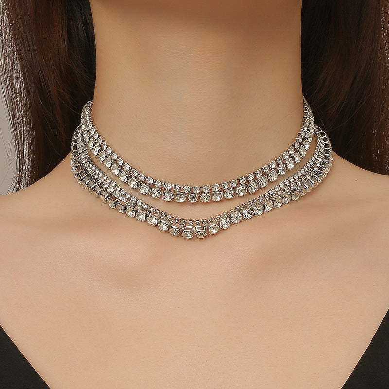 European And American Simple And Fashionable Neck Chain Claw Chain Inlaid With Diamond Rhinestone Multilayer Clavicle Chain