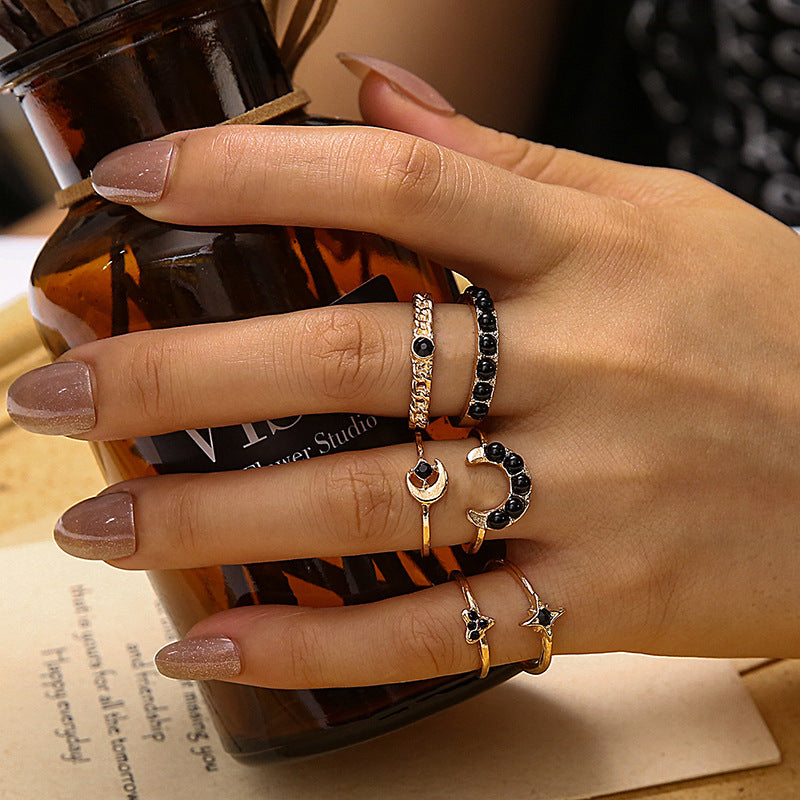 Black Gemstone Star Moon 6-piece Set Ring