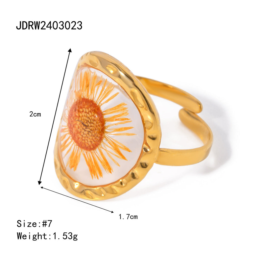 Stainless Steel Round Preserved Flower Orange Ring