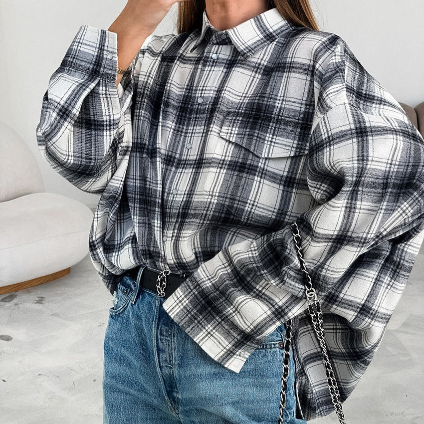 Black And White Plaid Shirt Loose Bandage Dress Women's