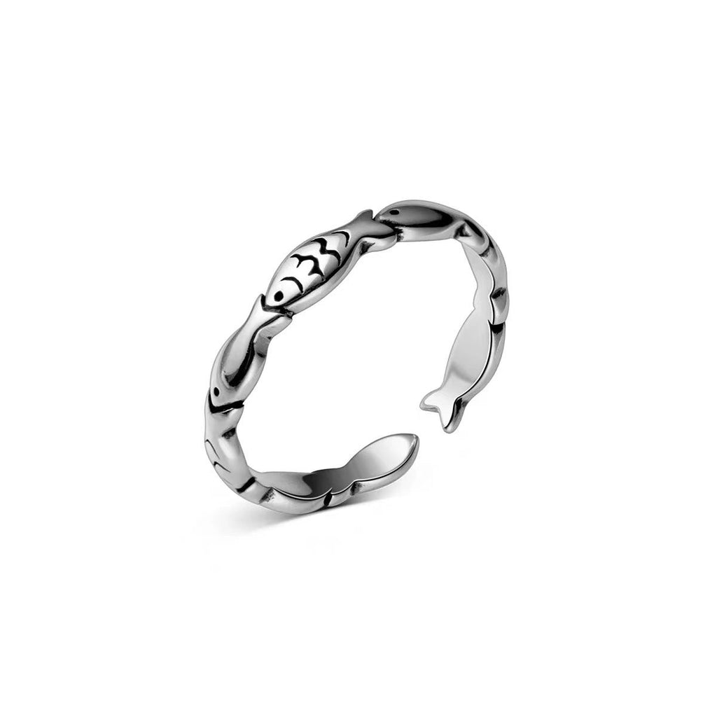 Retro Thai Silver Fish Adjustable Ring Bracelet