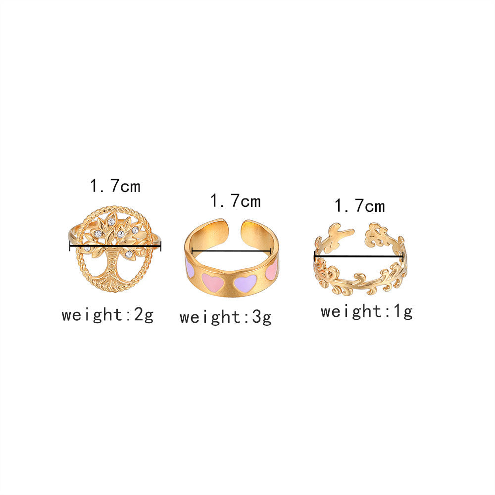 Gold Stainless Steel Heart-shaped Ring Suit