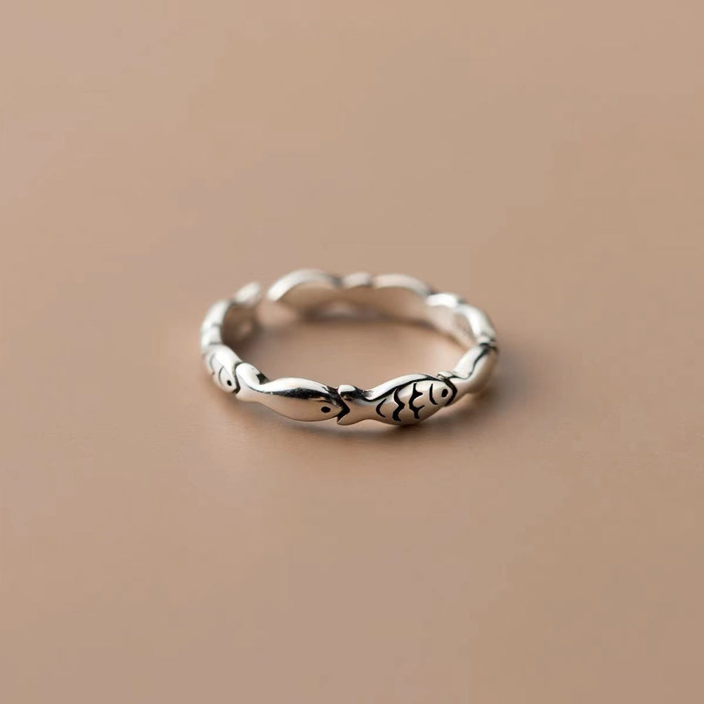 Retro Thai Silver Fish Adjustable Ring Bracelet