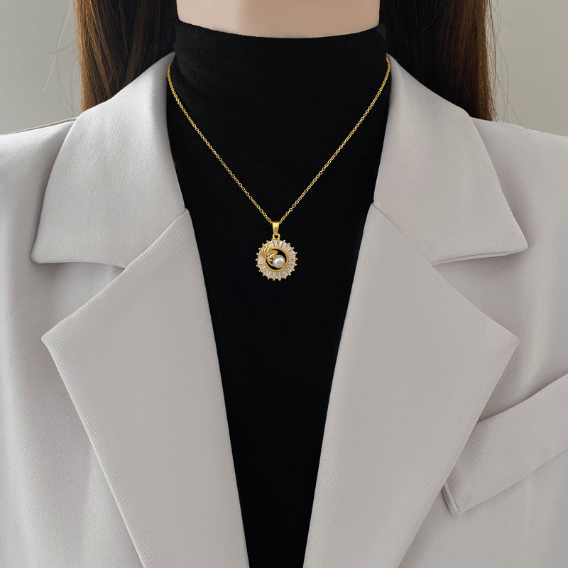 Square Full Diamond  Round Ring Leaves Necklace And Earrings Suite