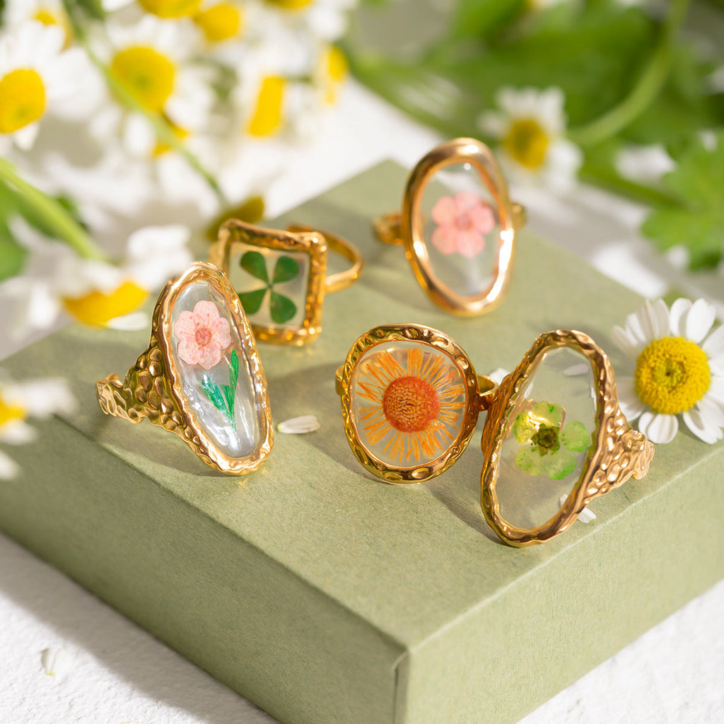 Stainless Steel Round Preserved Flower Orange Ring