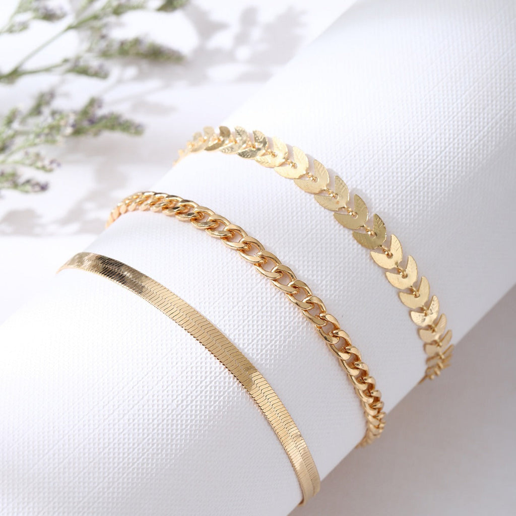 Flat Snake Wheat Chain Anklet Set