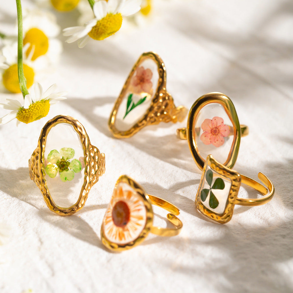 Stainless Steel Round Preserved Flower Orange Ring