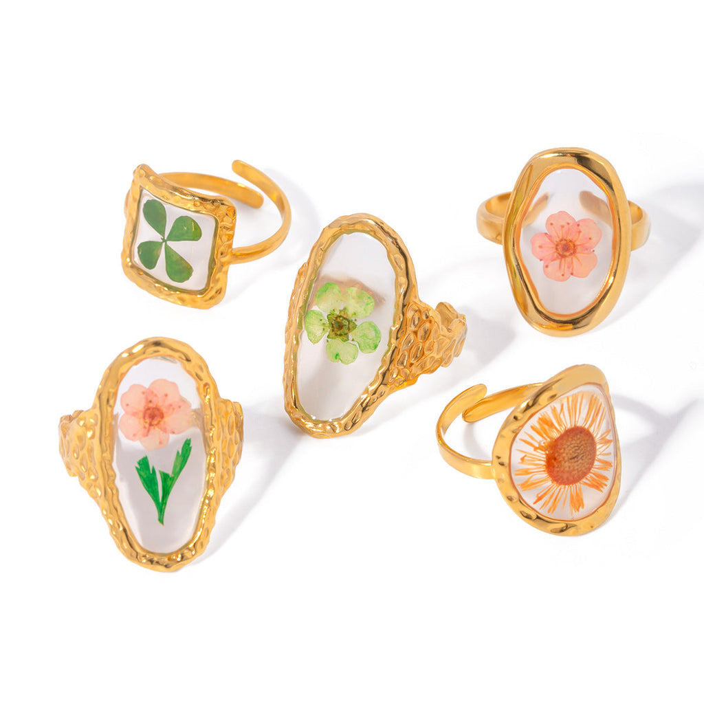 Stainless Steel Round Preserved Flower Orange Ring