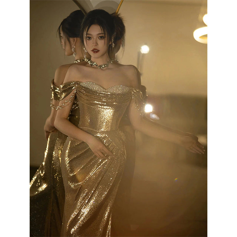 Gold Sequined Fishtail Dress