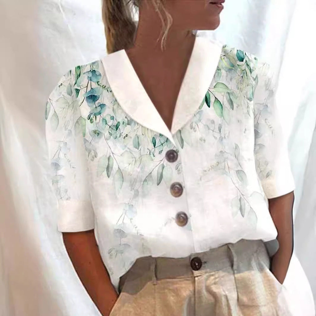 Women's Stand Collar Printed Cotton-Linen Shirt