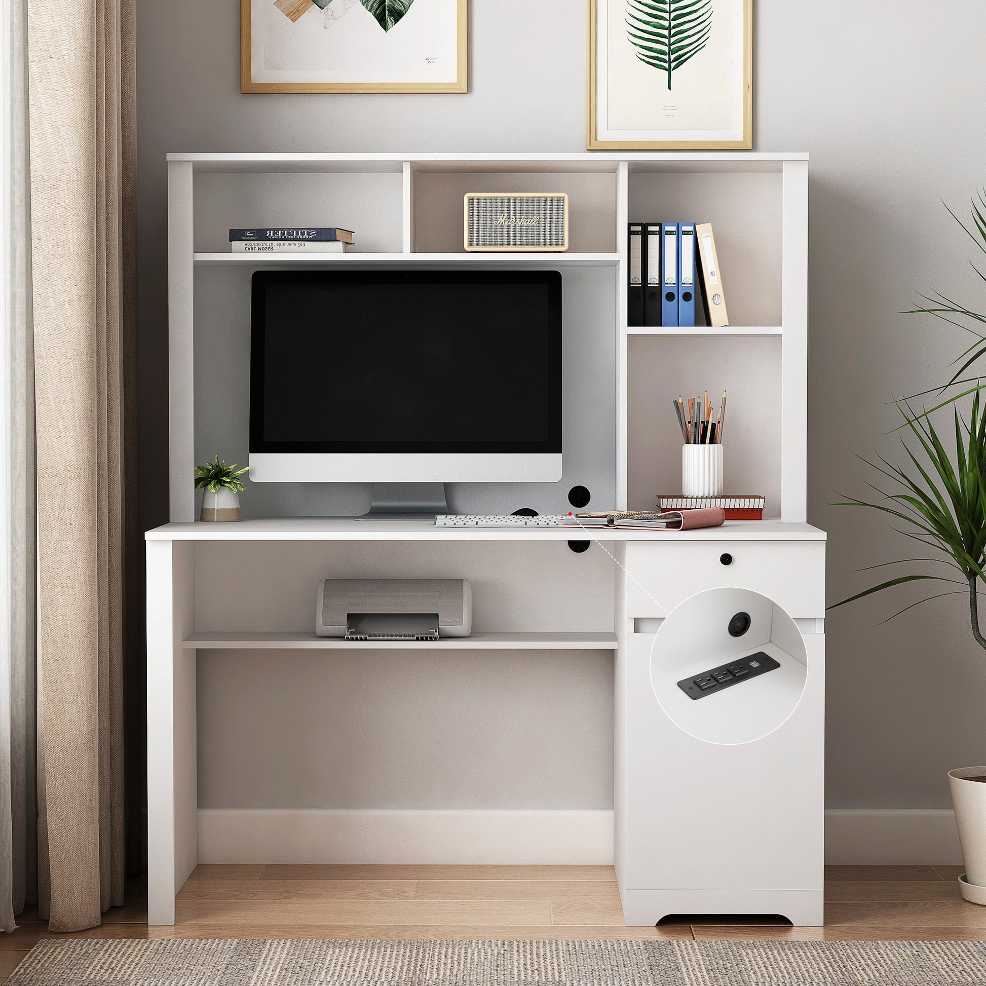 Computer Desk With Hutch & Bookshelf,Wood Executive Desk Teens Student Desk Writing Laptop Home Office Desk With Drawers,3 AC Outlets And 2 USB Charging Ports,Study Laptop Table For Home